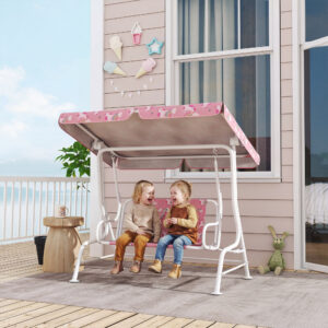Kids Porch Swing, 2-Seater Patio Swing Bench with Safety Belts, Adjustable Canopy for Backyard, Garden, Pink
